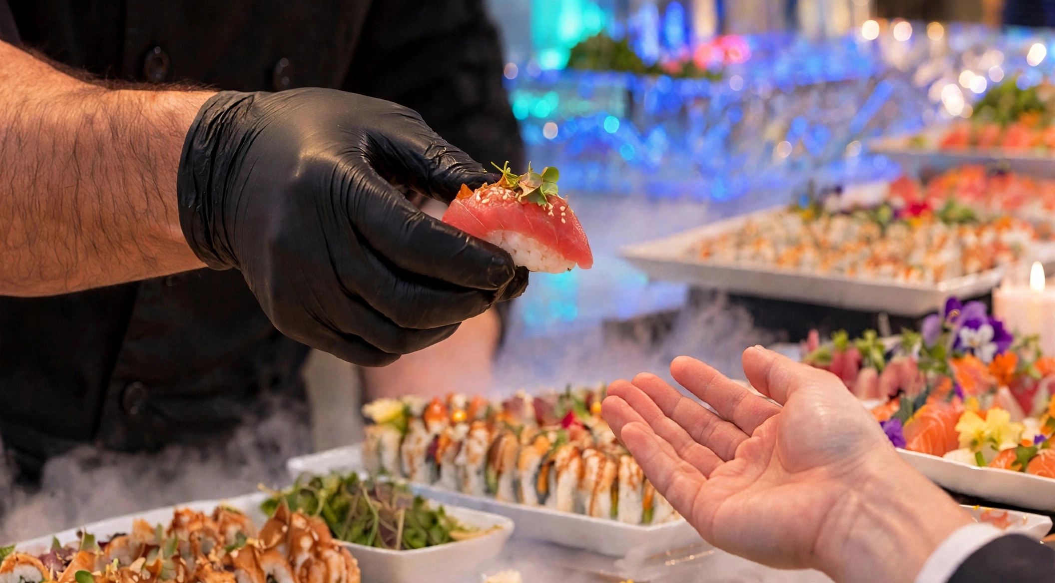 Chef Grec placing a fresh sushi platter at a waterfront evening event