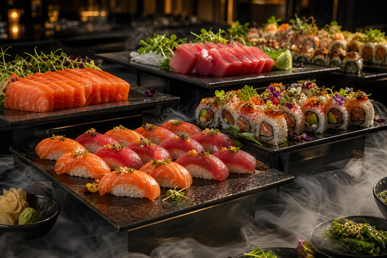 Sashimi, nigiri, and rolls arranged across black stone platters with low cold fog
