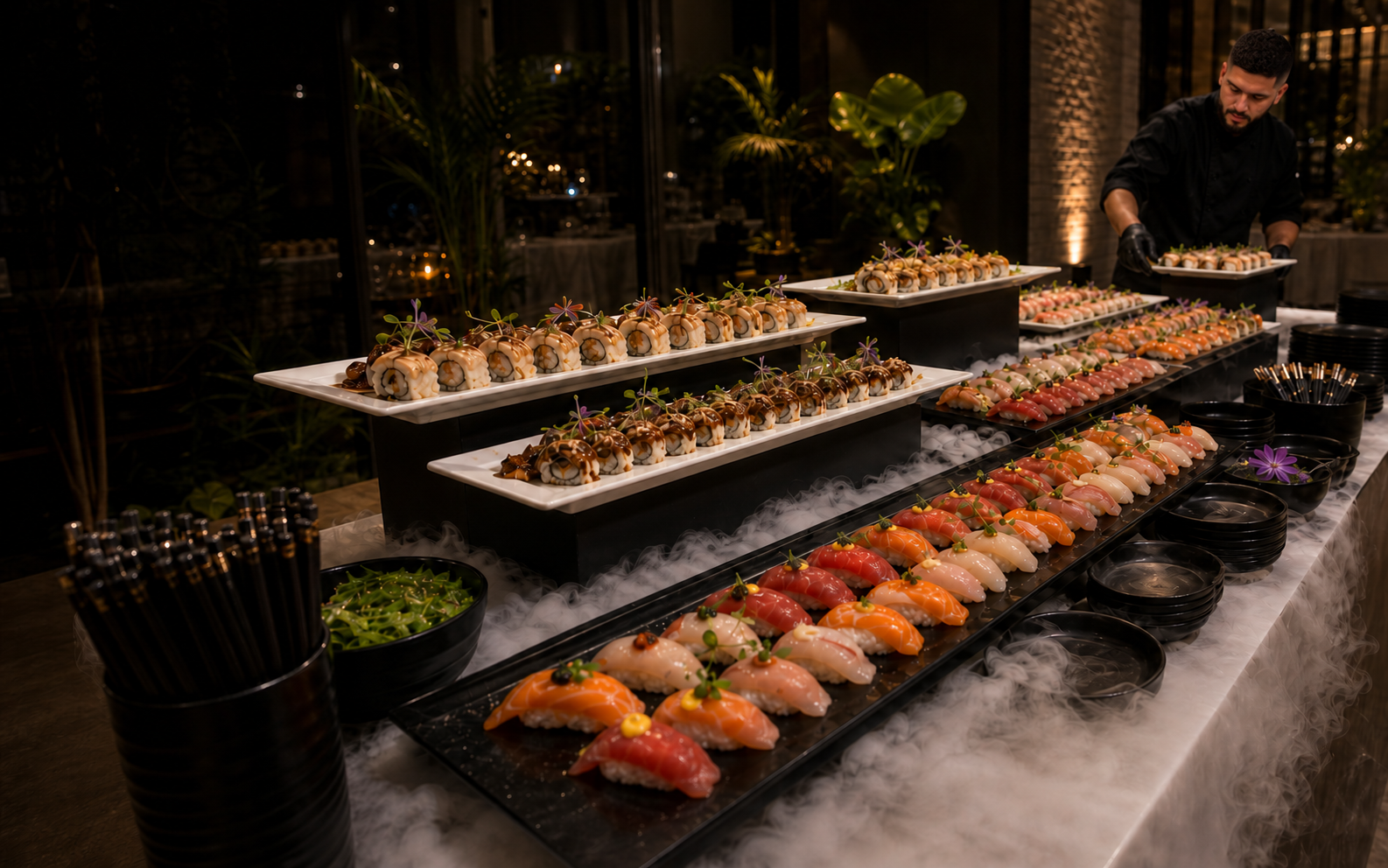 Full tiered sushi station prepared for an evening event